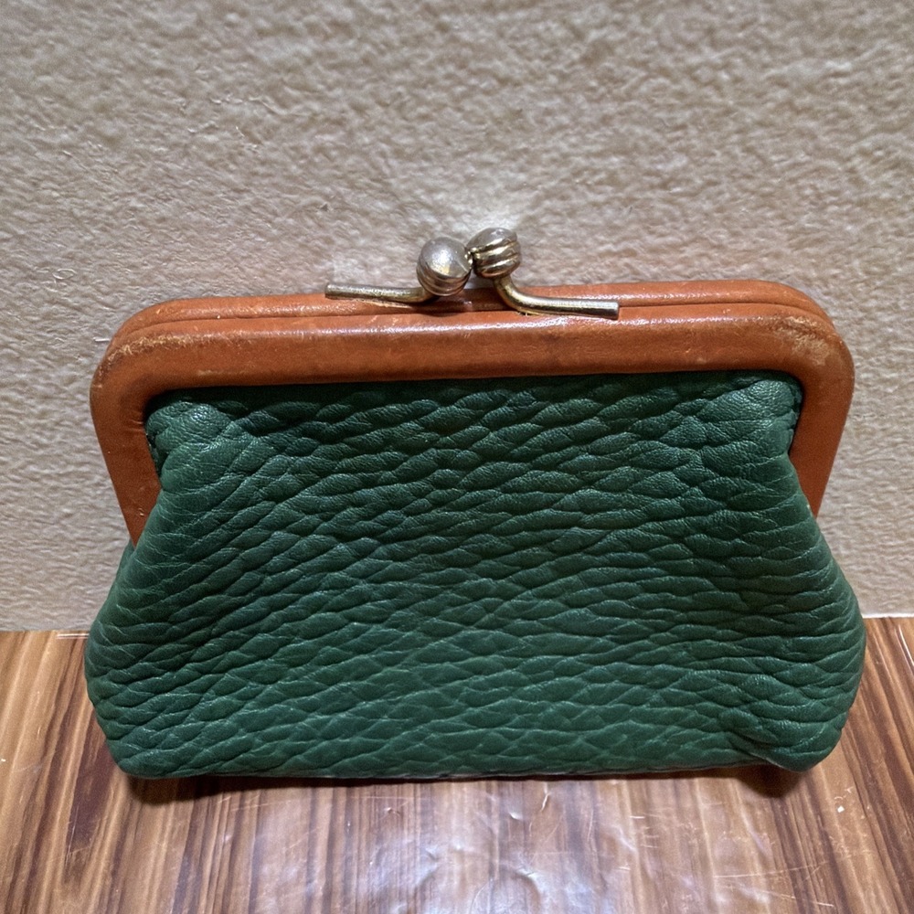 RARE Vtg DOONEY & BOURKE Green KISS LOCK CHANGE/COIN PURSE British Tan Trim - Picture 6 of 12